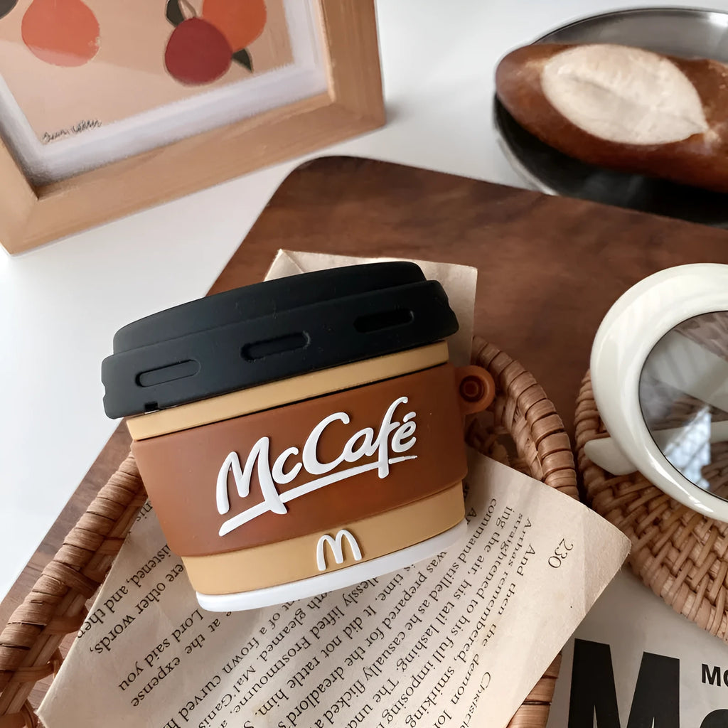 Brown coffee cup shaped silicone earphone case for AirPods with printed pattern