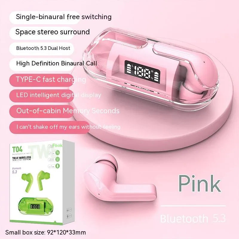 Transparent digital display case for a wireless Bluetooth headset with colour options of pink, black, green, and white.