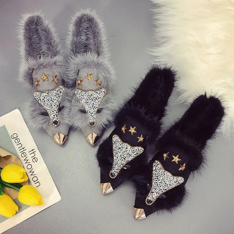 Women's suede fur shoes with rabbit hair lining, pointed toe, flat heel, black and gray colours