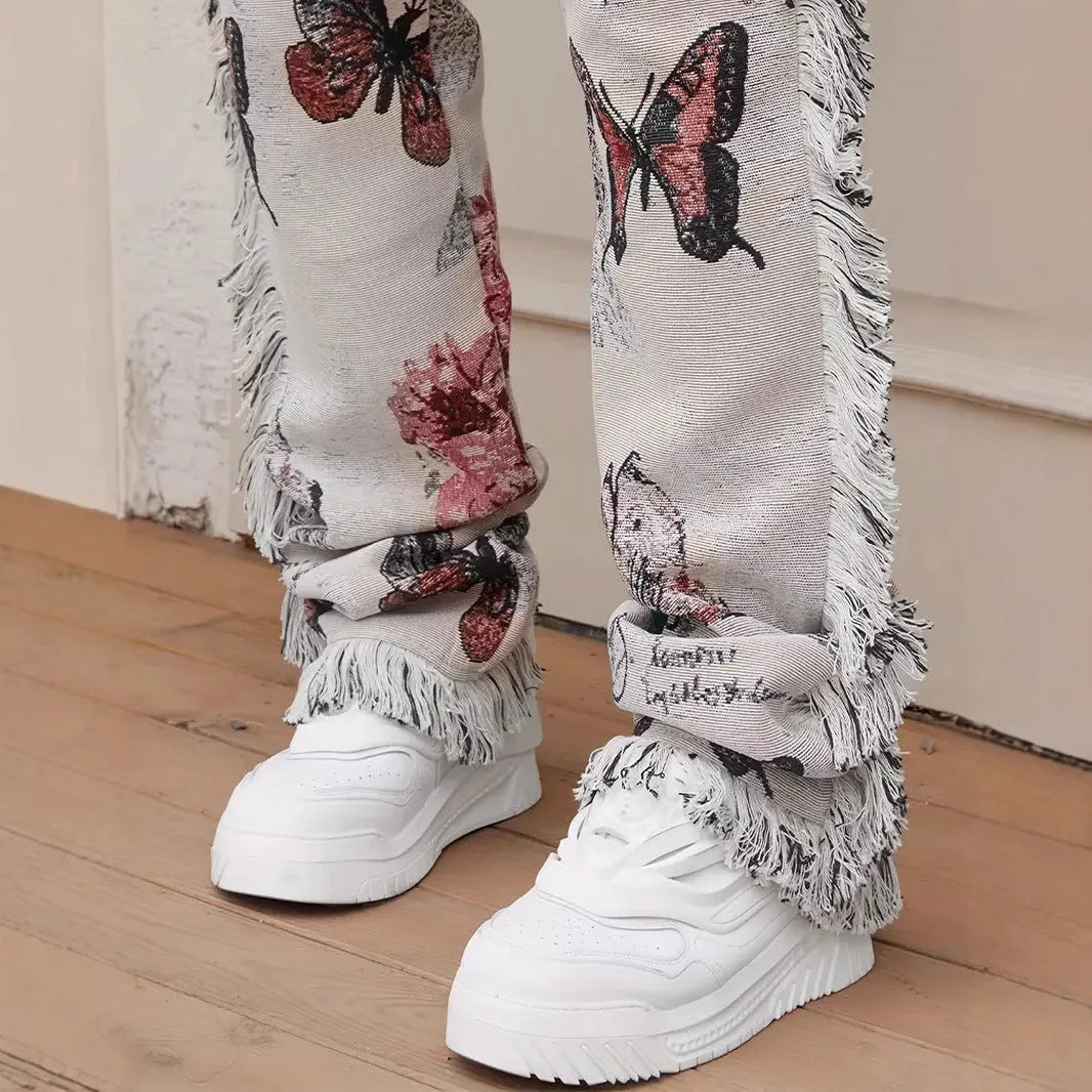 Men's slim fit animal digital printed denim trousers in cotton, mid waist, zip closure