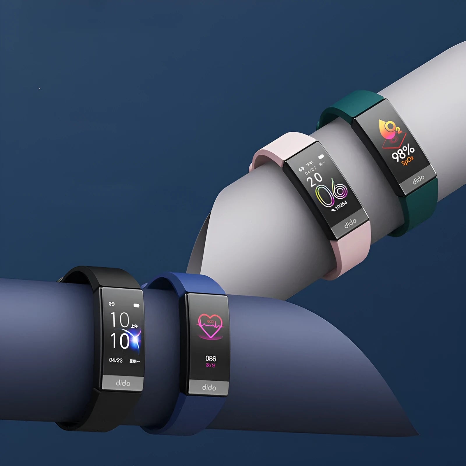 Y6 Black smart health bracelet with touchscreen displaying blood pressure and ECG graphs on a wrist.