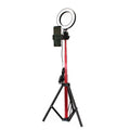 26cm RGB ring light set with tripod, selfie stick, and Bluetooth remote on a desk