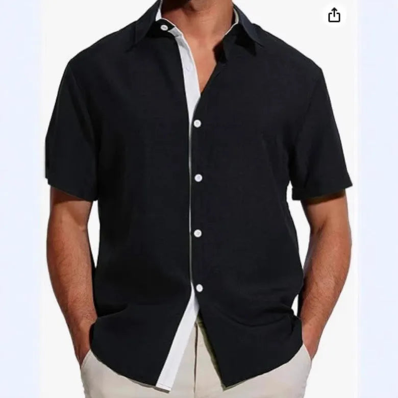 Men's floral print short-sleeved shirt in light grey polyester fabric on a hanger.