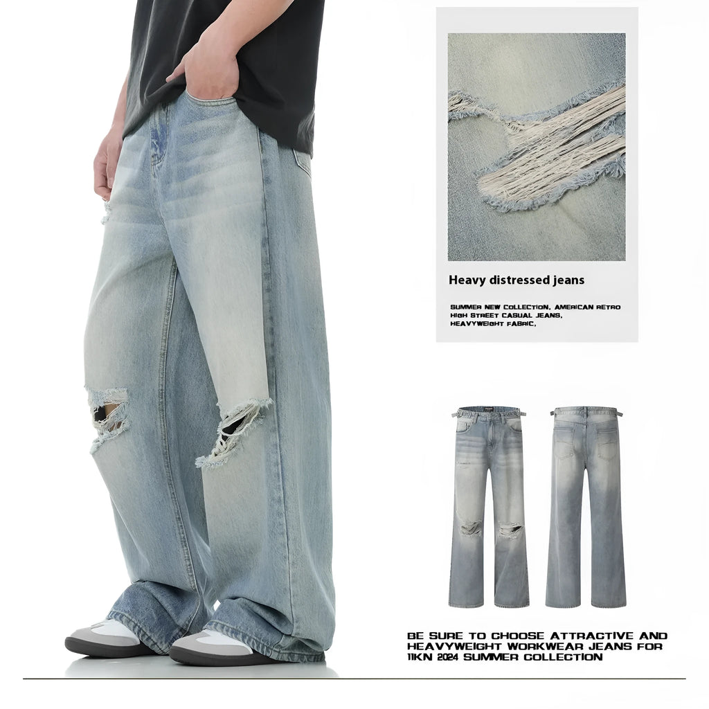 Blue retro straight-leg jeans with ripped details on a mannequin.
