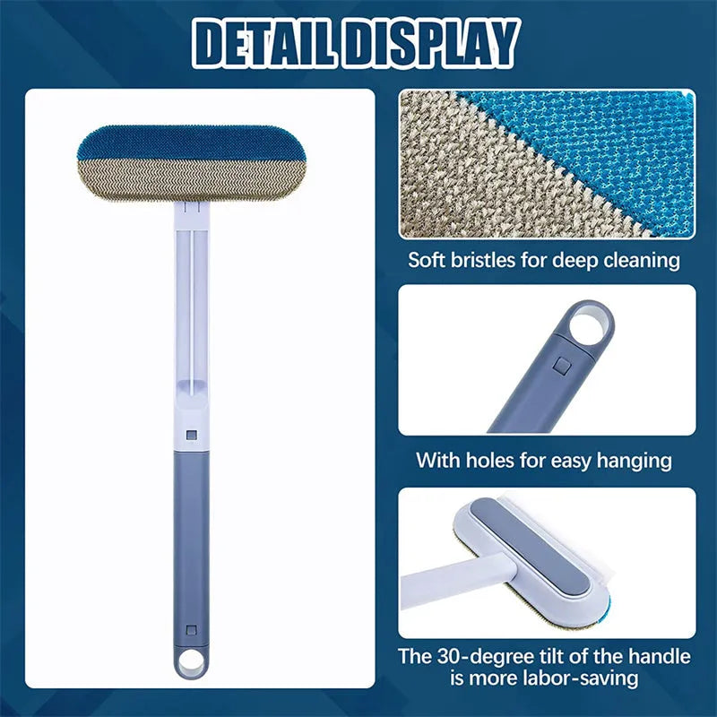 Multifunctional plastic cleaning brush with soft flannel head and extension handle for pet hair and dust.