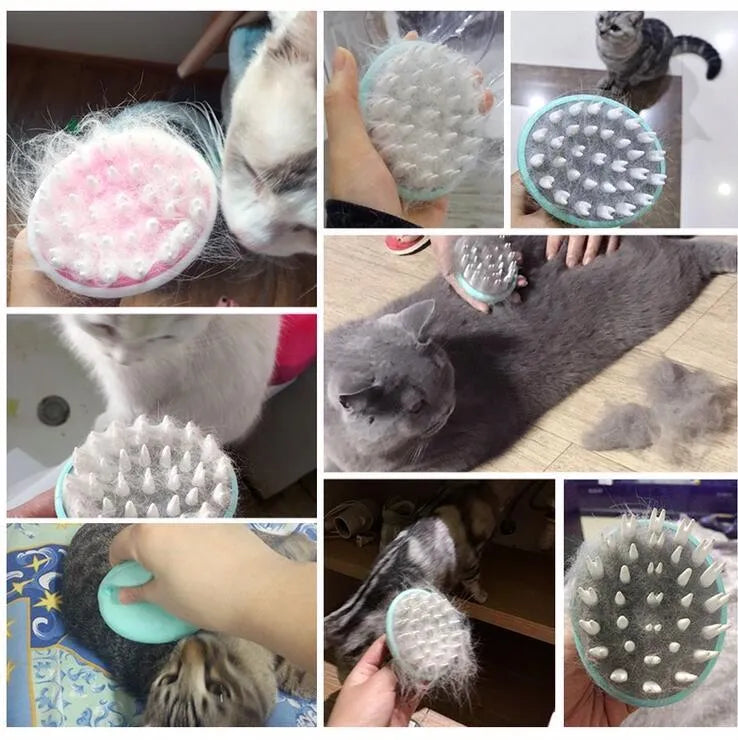 Green silicone pet massage bath brush on white background, 95x80x73mm grooming tool for dogs