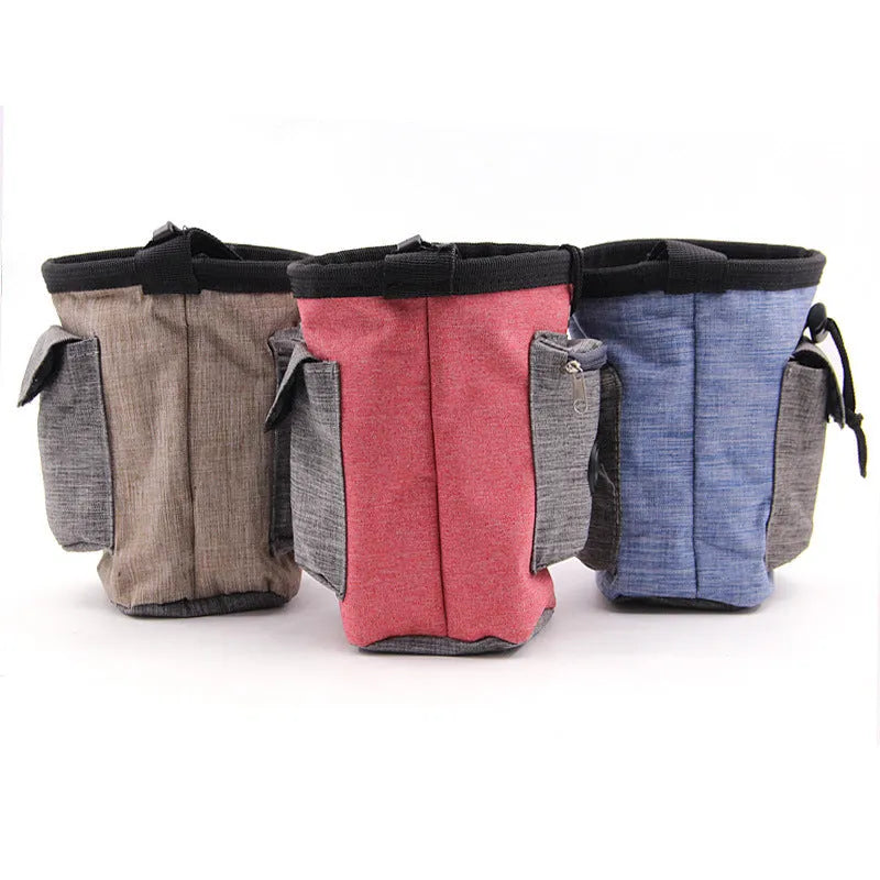 Collapsible pet travel water bottle in blue with drinking tray extended, ready for outdoor use