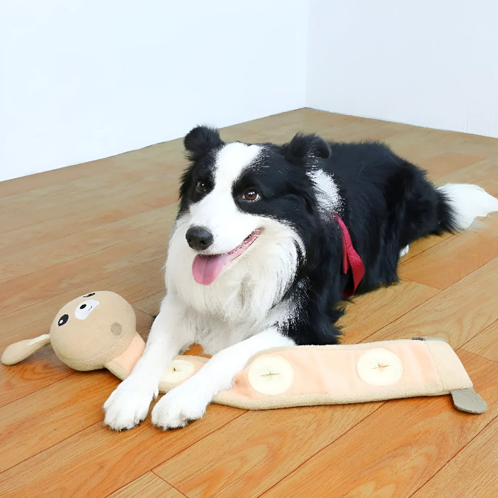 Plush fleece rabbit dog toy with sound maker, food hiding function, 650mm length