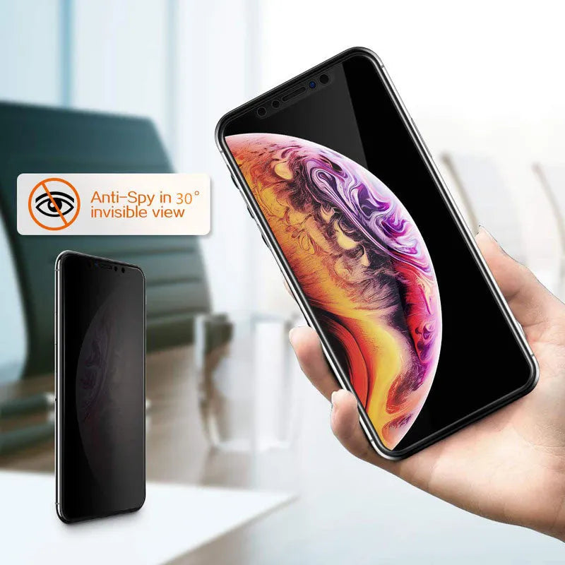 Black anti-peeping tempered glass screen protector for iPhone showing privacy protection feature