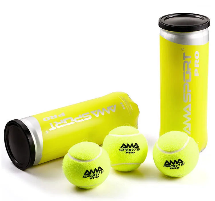 Three cage plate tennis training balls in black, green and yellow colours