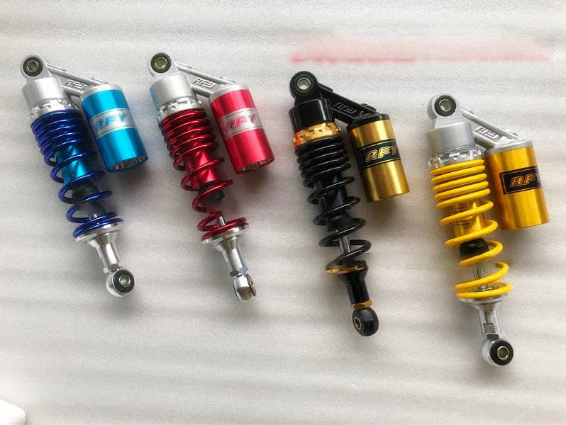 Pair of adjustable motorcycle shock absorbers 355mm length 320mm eye to eye black gold colour