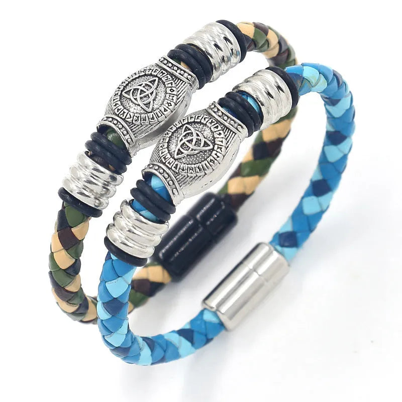Leather rope hand weaving bracelet with alloy magnetic buckle in black, blue, brown, green colours