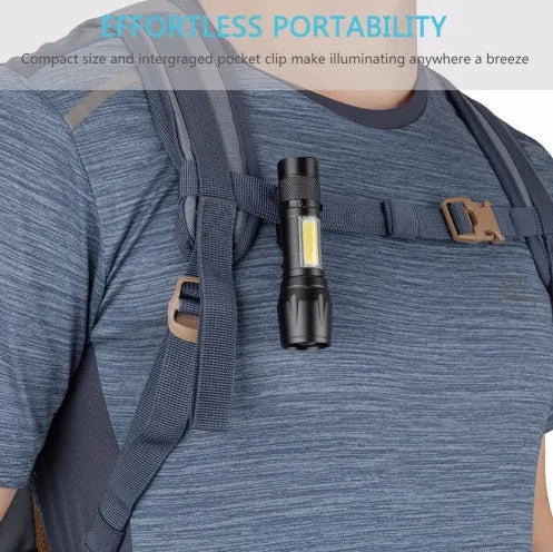 Black aluminium alloy telescopic LED flashlight with pocket clip showing extended and retracted positions
