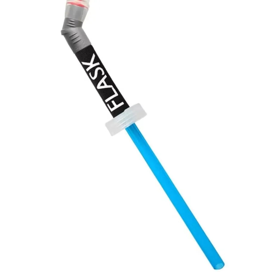 Flexible plastic suction straw with silicone mouthpiece, shown extended and collapsed next to a cycling water bottle.
