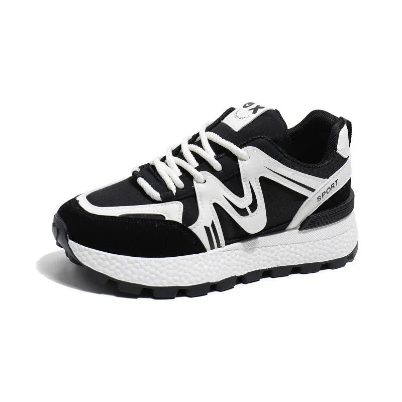 Women's solid colour platform casual shoes with lace-up front and round toe in black, grey, or khaki.