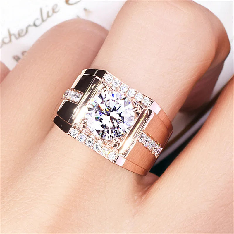 Men's geometric diamond zircon ring with adjustable opening in copper with electroplated finish