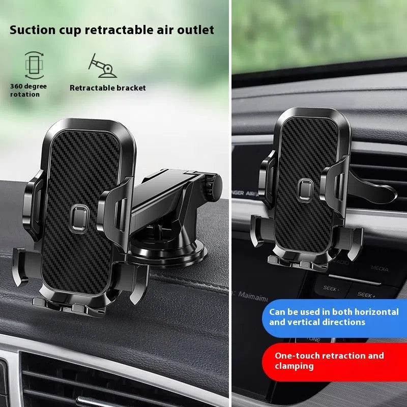 Black plastic manual car phone holder clipped to a vehicle air outlet vent