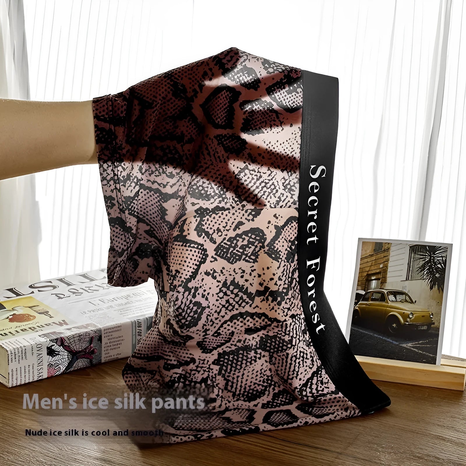 Men's thin loose boxer shorts in black, grey, or brown polyester fabric.