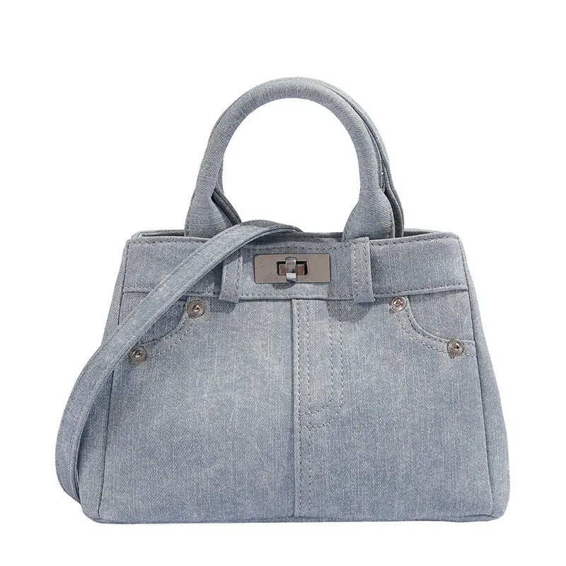 Women's casual denim blue PU shoulder handbag with standard size and polyester lining