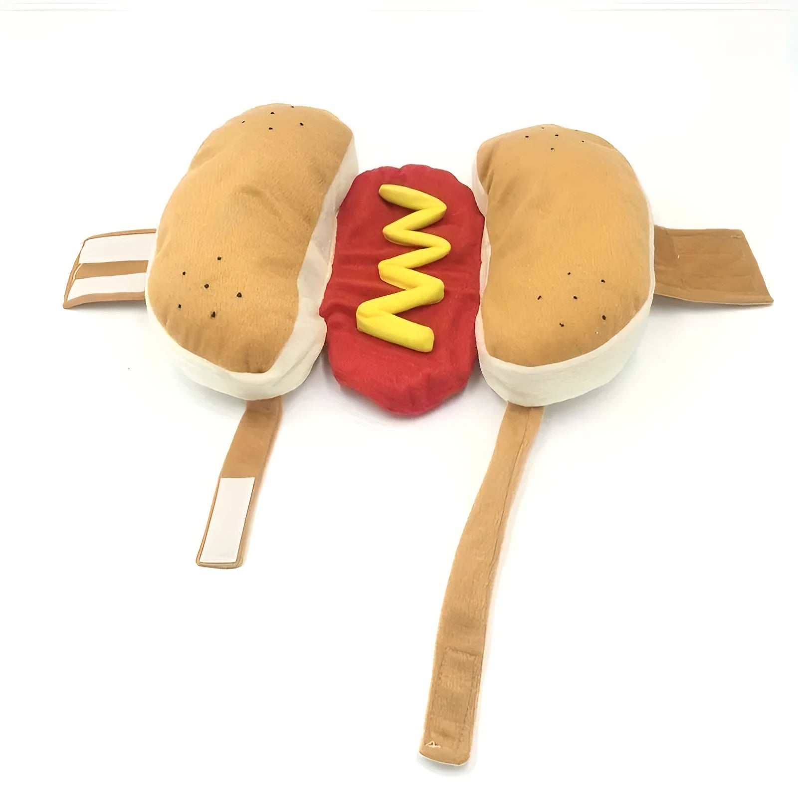 Red hot dog costume outfit on small dog with velcro belly fastening