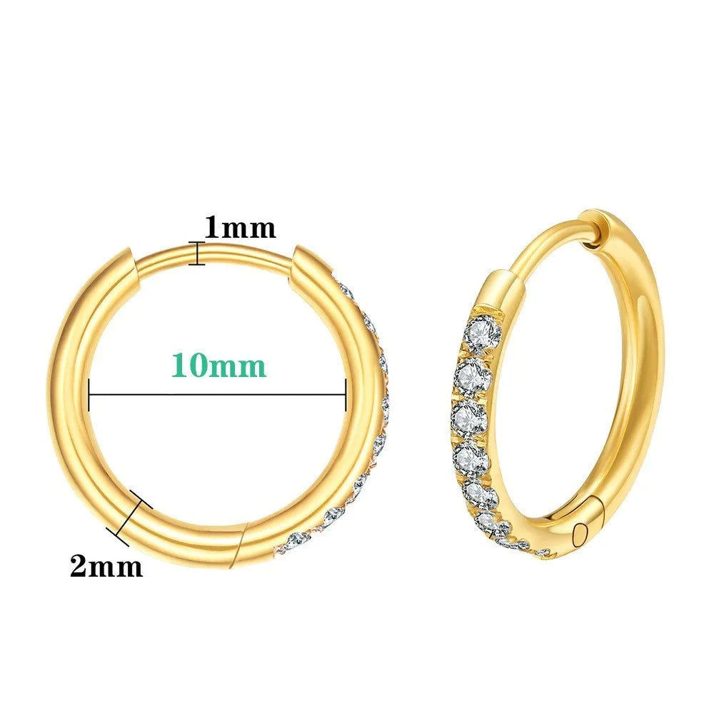 Gold diamond-studded stainless steel earrings on display showing post-back closure, available in 8mm 10mm and 12mm lengths