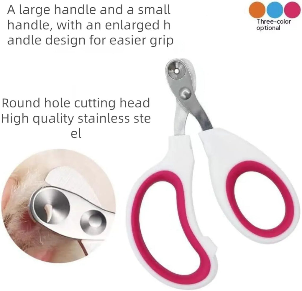 Blue handled cat nail clippers with circular cut hole showing stainless steel blade and non-slip grip.
