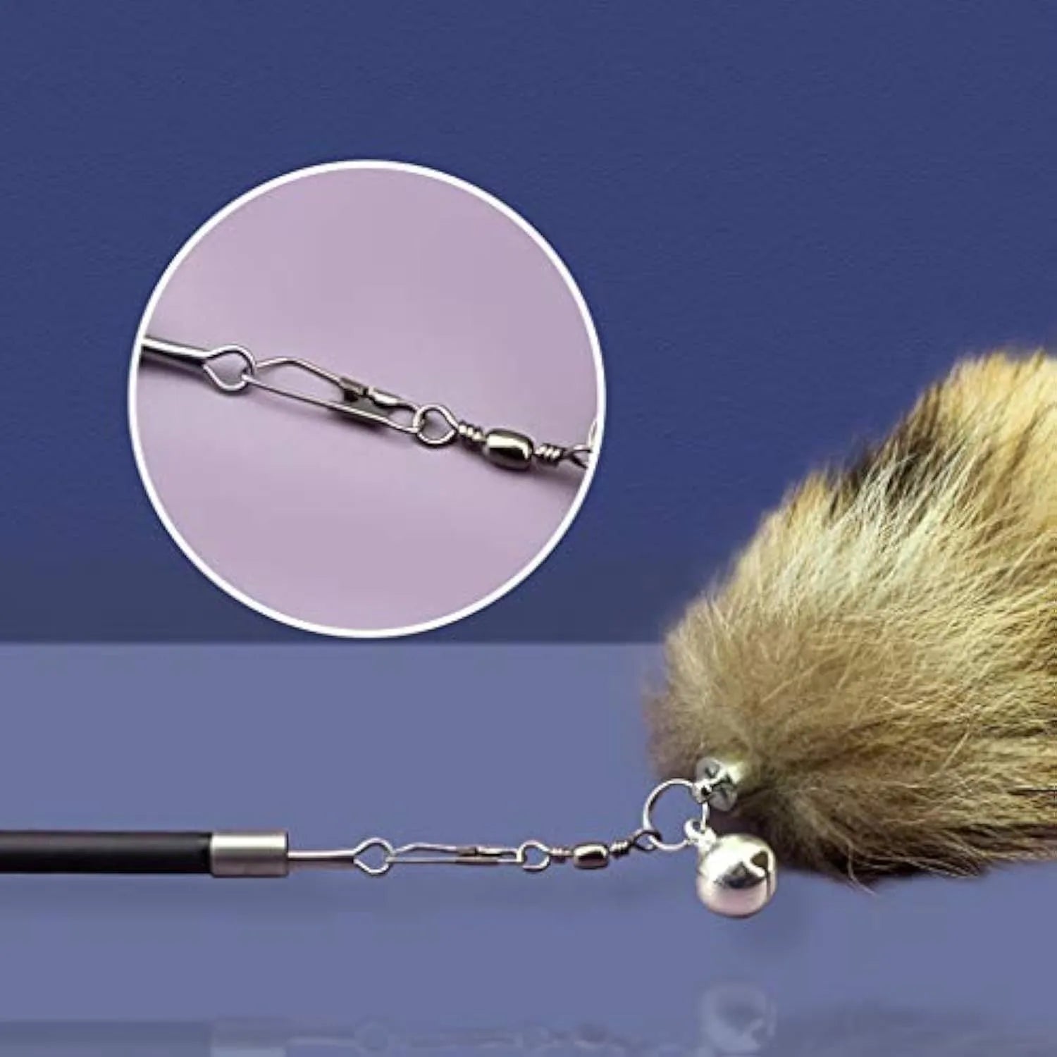 Black cat toy wand with elastic string and feather teaser, 42 cm long