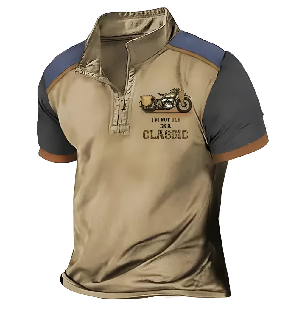 Loose fit solid colour golf polo shirt with bird eye cloth texture and 3D digital printing.