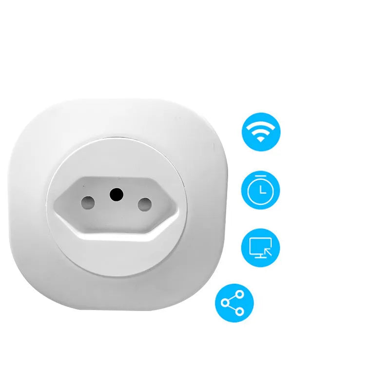 White smart socket plug with Wi-Fi logo, showing UK plug pins and dimensions.