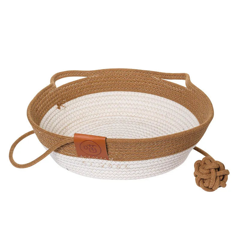 Woven cotton cat nest pet bed in brown, shown with a matching cushion inside.
