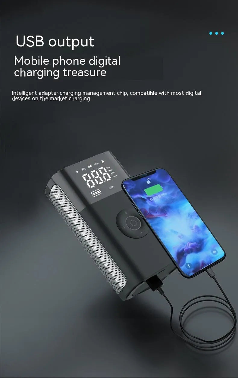 Wireless digital display handheld air pump with LED light, digital screen, and assorted inflation nozzles.