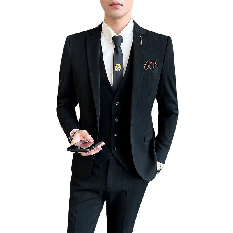 Men's three-piece striped suit set in black, slim fit, with jacket, vest and trousers on a hanger