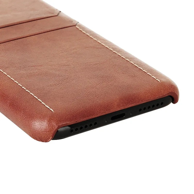 PU leather iPhone back cover with card holster in Black, Dark wood and Light brown