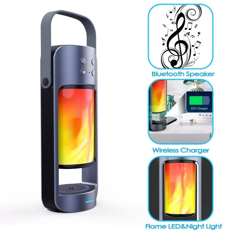 Portable Bluetooth speaker with orange dancing flame light on top, showing wireless charging pad and control buttons.