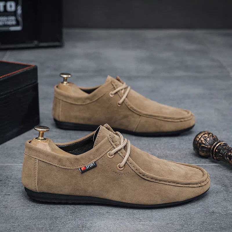 Men's brown casual slip-on loafers with suede finish, round toe, low heel, non-slip plastic sole
