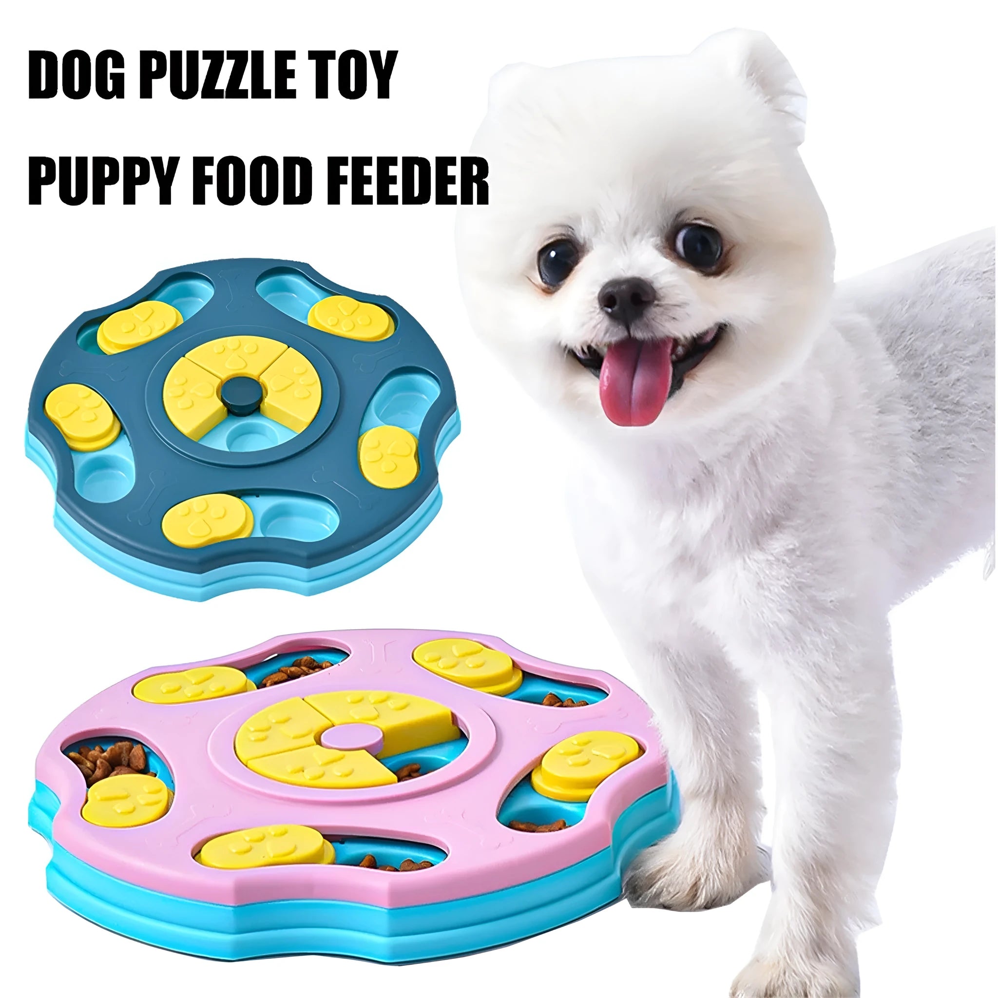 Blue dog puzzle feeder toy with interactive compartments for food dispensing during play