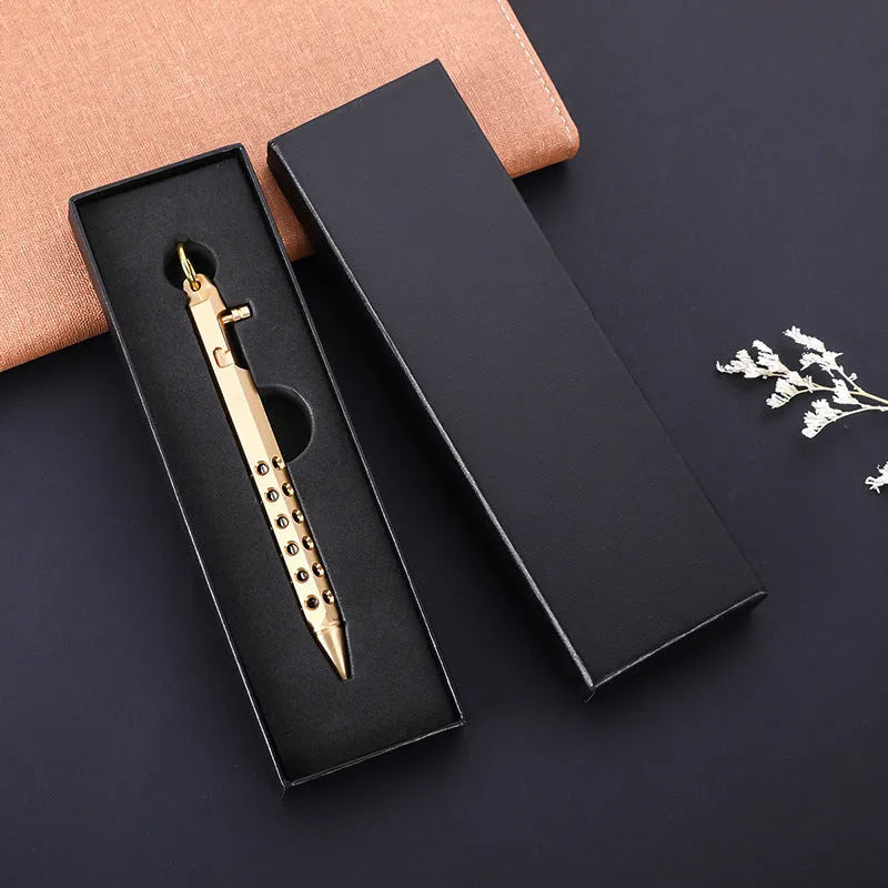 Retro brass hexagon bolt action pen with rollerball refill showing hexagonal barrel detail