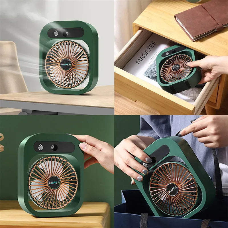 Green and white USB rechargeable misting fan air cooler with humidifier function