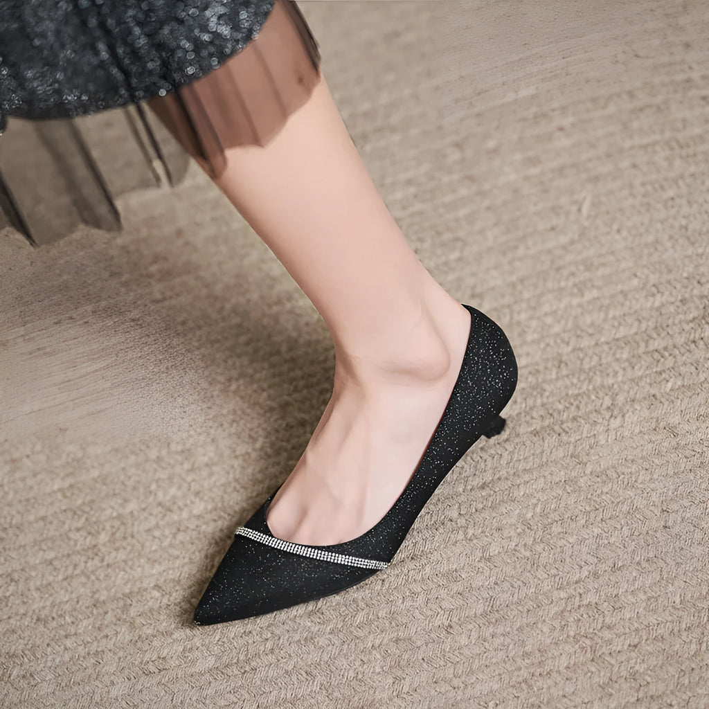 Black French style sequined high heels with 7CM stiletto heel and low-cut upper