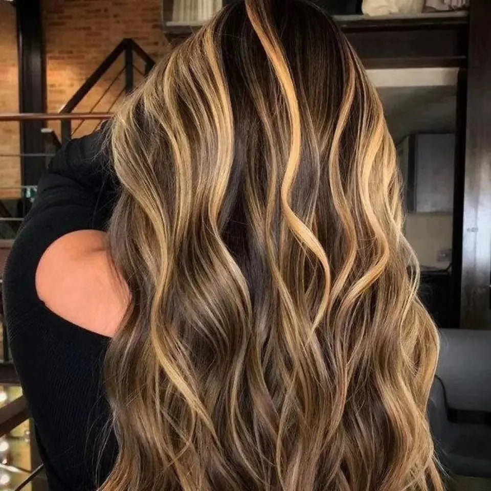 Front lace wig with African black gradient colour and big wave styling in long curly synthetic hair