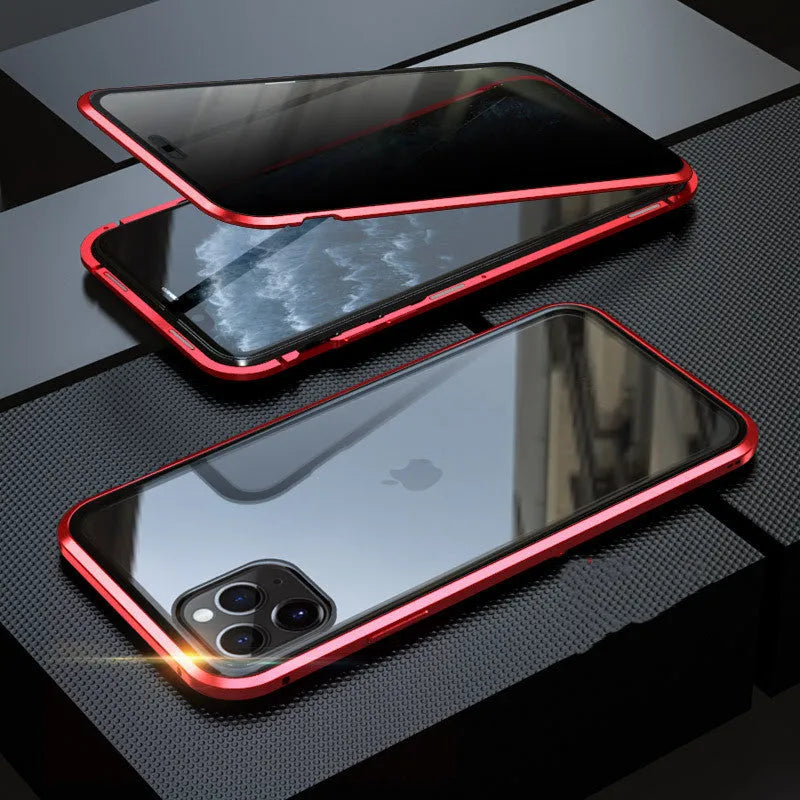 A black glass clamshell phone case for an iPhone with a geometric design and privacy screen.