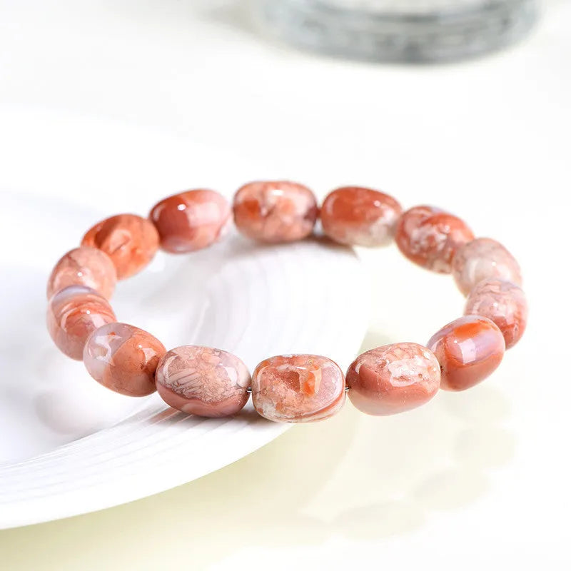 Natural cherry agate barrel bead bracelet with geometric shape and ruyi design elements