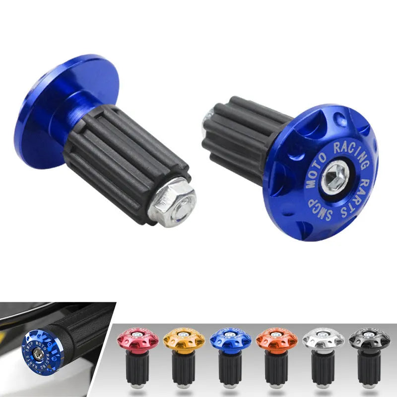 Set of metal motorcycle handlebar end plugs in six anodised colours: black, blue, red, gold, silver, orange