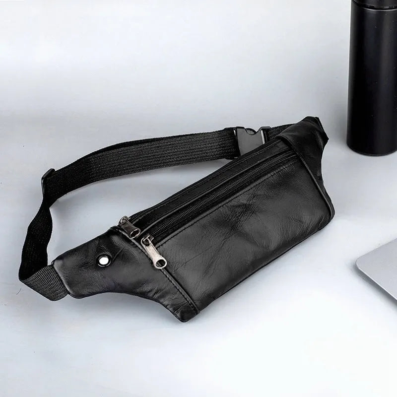 Genuine leather sports waist pack for men in black, invisible running pack with belt and zip closure