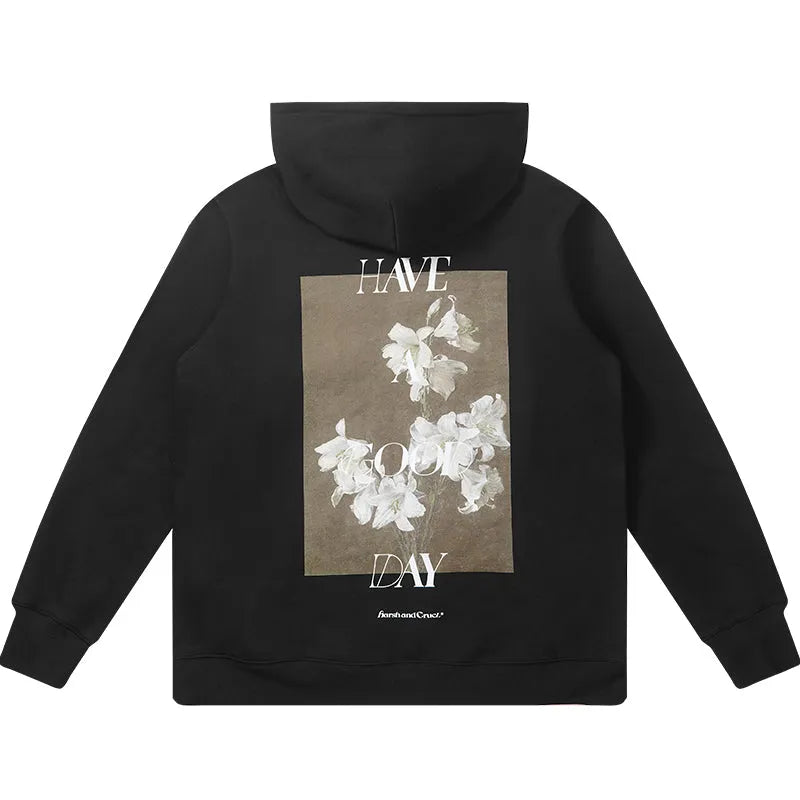 Hooded floral print sweater men retro oil painting style black grey sizes S to 2XL