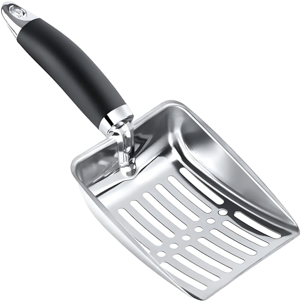 Stainless steel cat litter scoop with black comfort grip handle and 6mm sifter spacing, 26cm x 10.7cm