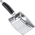 Stainless steel cat litter scoop with black comfort grip handle and 6mm sifter spacing, 26cm x 10.7cm