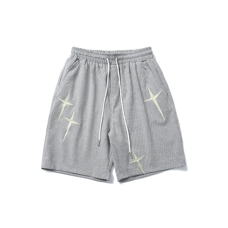 Men's cotton embroidered track shorts in grey, black or beige, mid waist, sizes M-XXL, casual leisure shorts