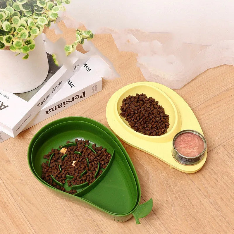Avocado-shaped pet automatic feeder with 690ml water bottle slow feeder bowl for cats and small dogs in Moonlight Grey and Olive Green