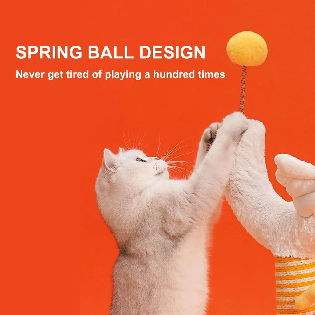 Yellow vertical sisal cat scratching post with U-shaped design and spring ball.